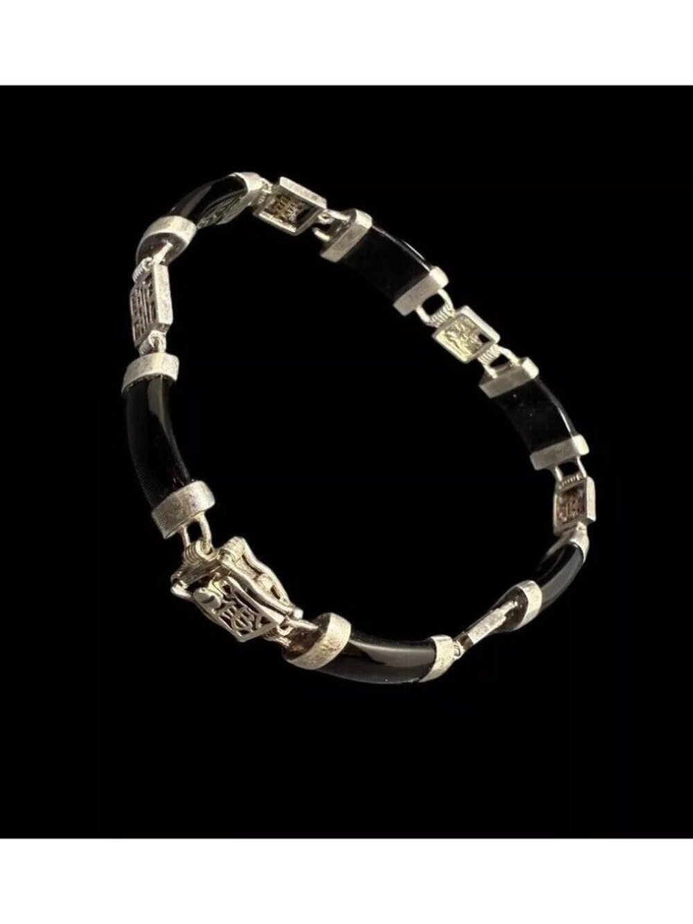 925 Sterling Silver Black Onyx Bracelet Ethnic Characters Curved Panel Link